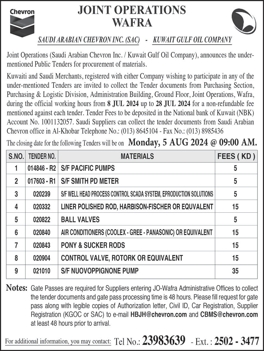 Tender for Procurement of Materials