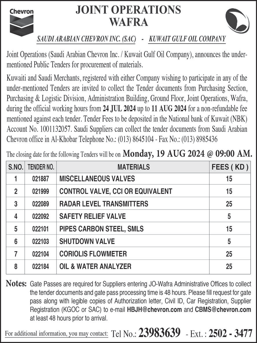 Tender for procurement of materials