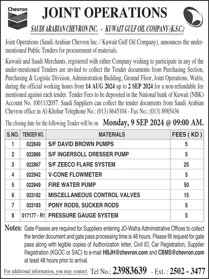 Tender for procurement of materials